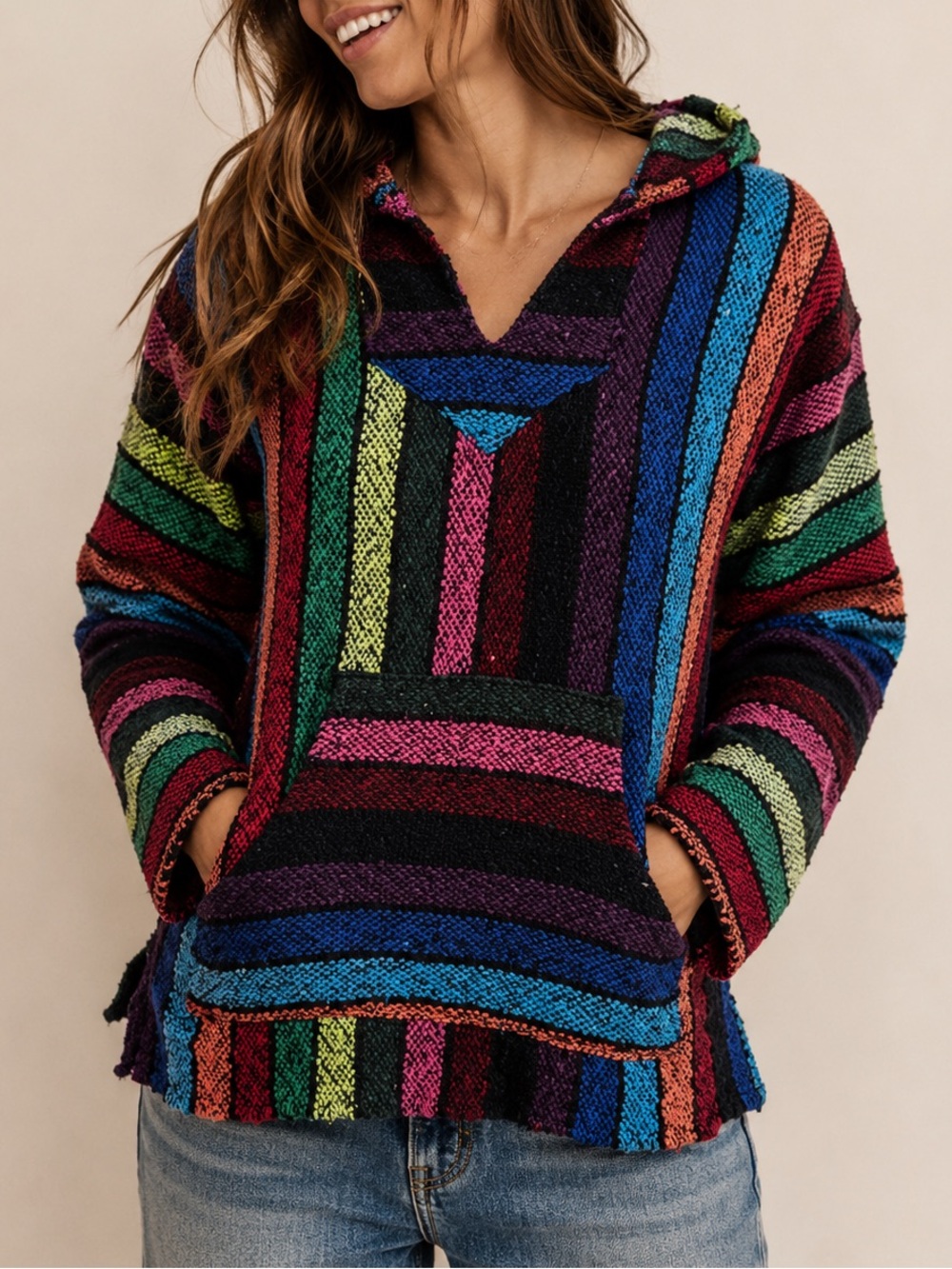 Earth Ragz Vintage Baja Hoodie Rainbow Knit Pullover Poncho Women’s S